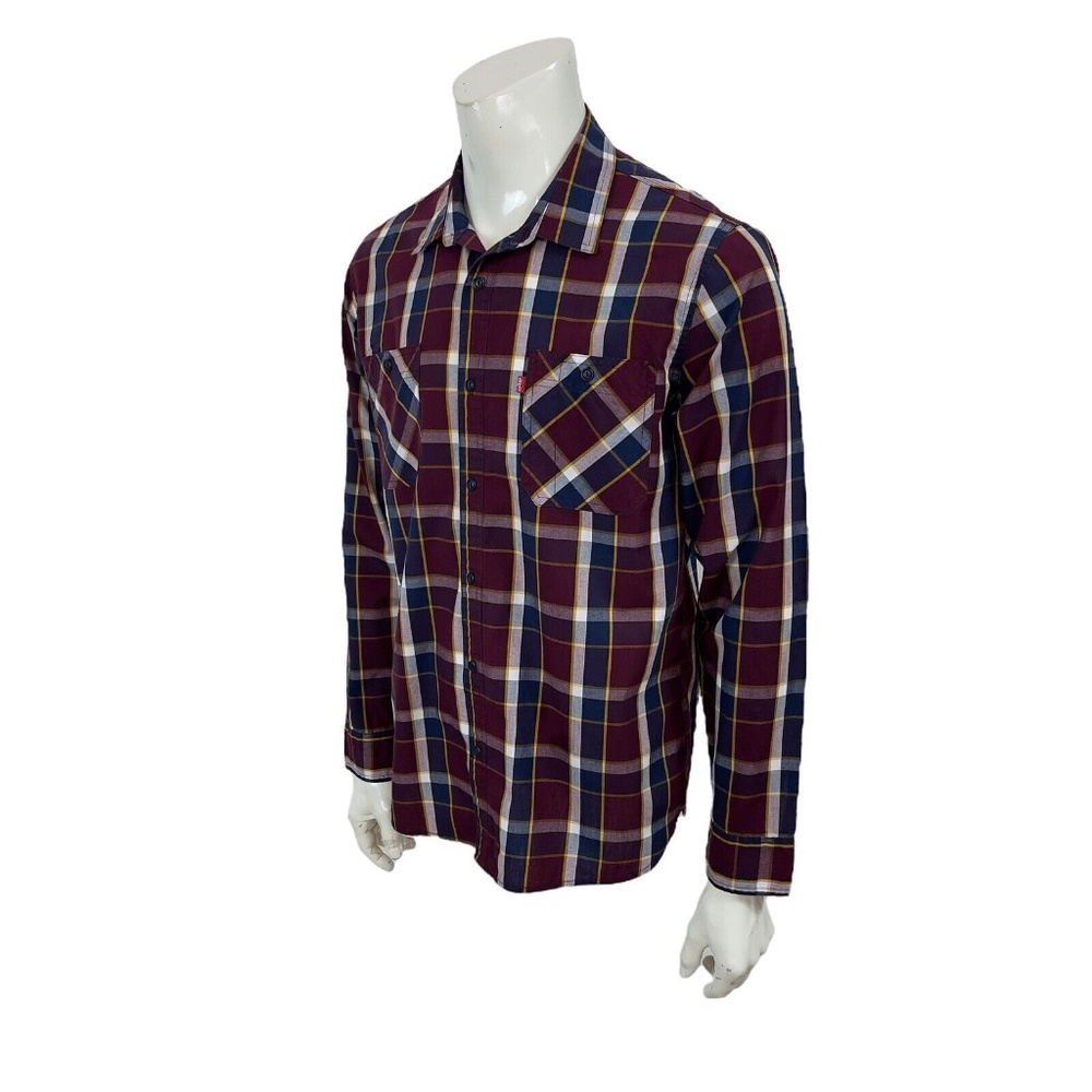 Levis Mens Large Burgundy Blue Gold Plaid Casual Dress Shirt